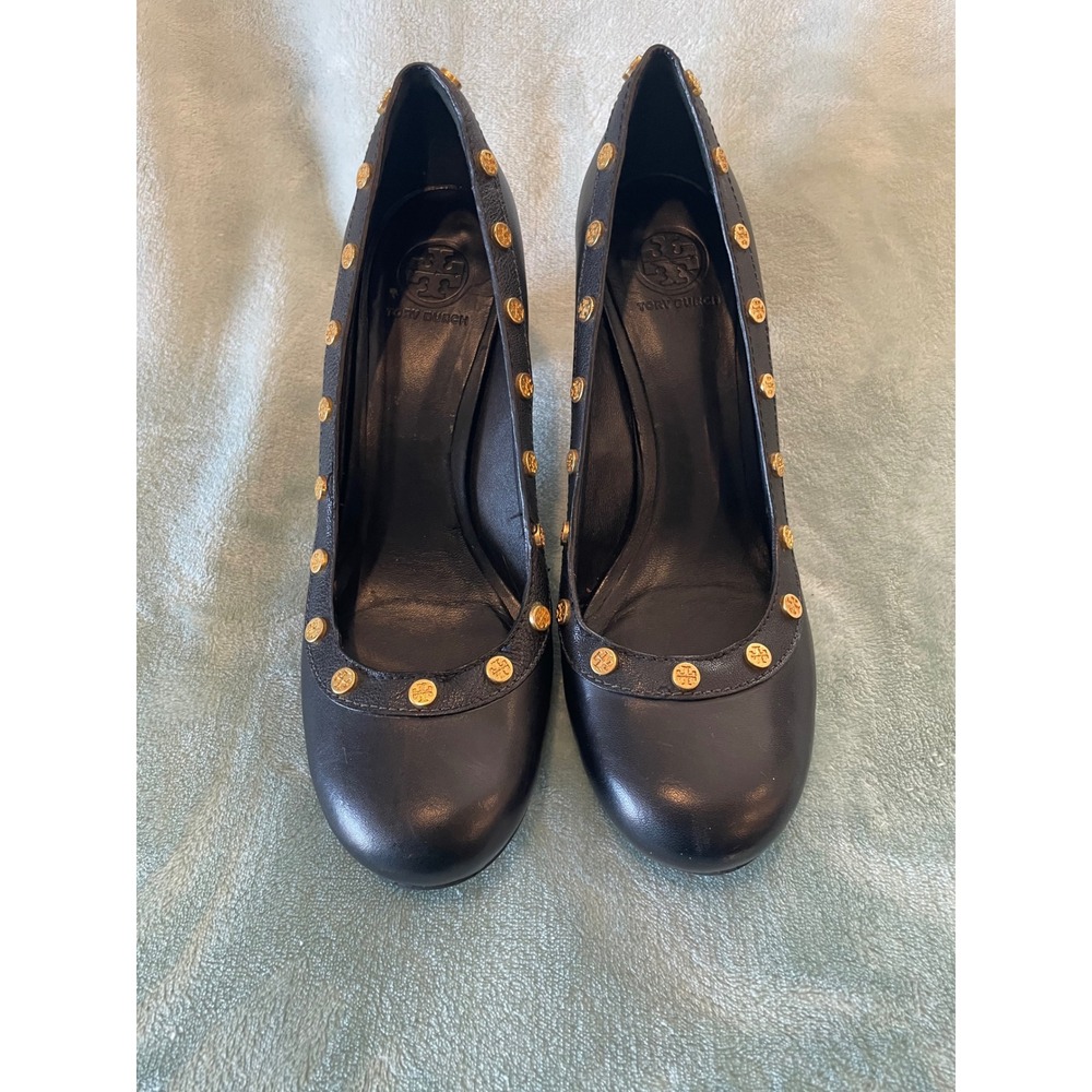 Tory Burch Black‎ Leather Logo Studded Round Toe Wooden Block Heel Pumps